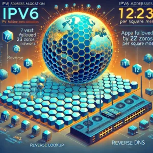 DALL·E 2024 11 12 13.11.27 An informative 16 9 ratio illustration of IPv6 address allocation and ISP networks. The scene includes a globe with Earth divided into hexagonal segme